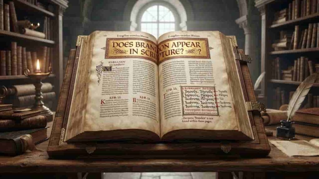 An open ancient manuscript on a wooden desk inside a dimly lit library, with the title "DOES BRANDON APPEAR IN SCRIPTURE?" printed across the pages, surrounded by old books, a lit candle, and an inkwell.