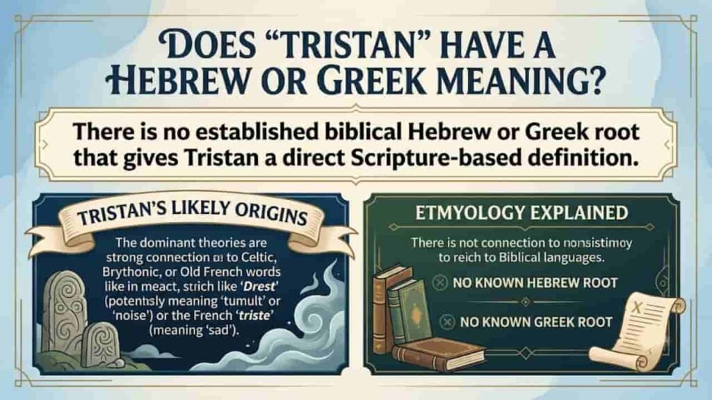 Infographic titled 'Does Tristan Have a Hebrew or Greek Meaning?', explaining that the name Tristan has no direct biblical Hebrew or Greek roots, with details on its Celtic and Old French etymology.