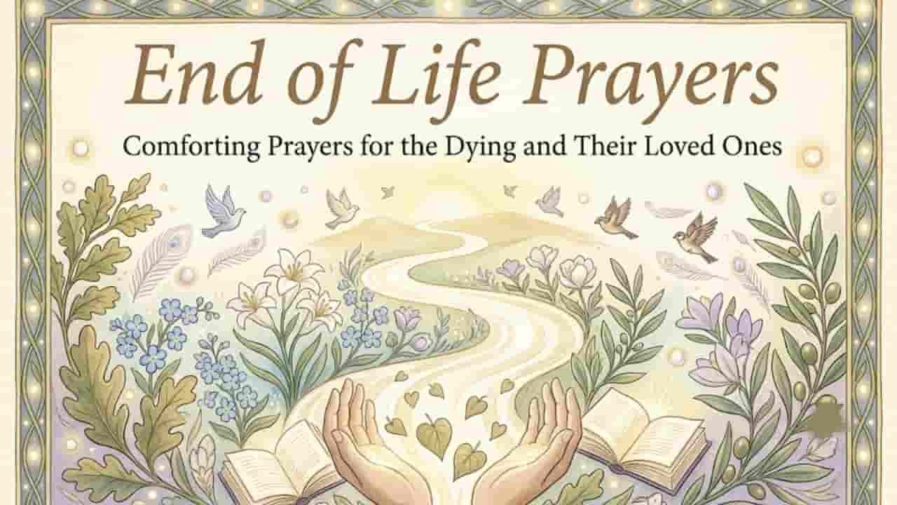 An illustrated book cover titled "End of Life Prayers: Comforting Prayers for the Dying and Their Loved Ones" with soft botanical artwork, soaring birds, and a winding pathway into the horizon.