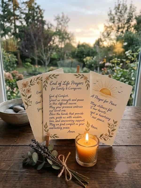 Printed prayer cards displayed on a wooden table alongside a lit candle, lavender sprigs, and a bowl of stones in front of a window view.