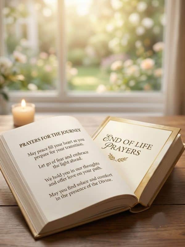 An open prayer book featuring end of life prayers resting on a wooden table beside a lit candle in front of a soft-focused window.