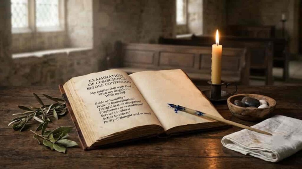An open antique book resting on a wooden table inside a church alongside a burning candle, quill pen, bowl of stones, white cloth, and olive branches.