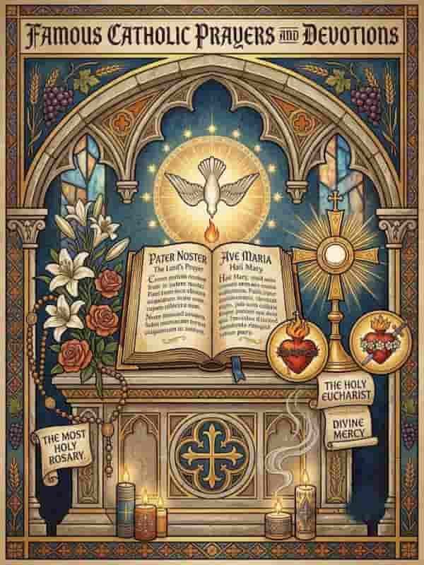 An ornate illustration titled "Famous Catholic Prayers and Devotions," featuring an open prayer book with Latin text, a dove descending with fire, a monstrance, rosary beads, burning candles, and decorative floral vines.