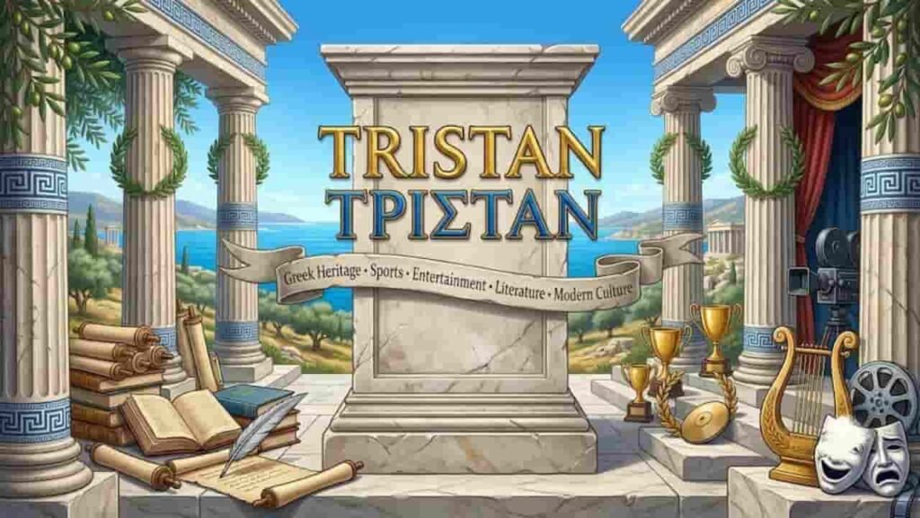 Classic Greek marble architecture display with the name Tristan in English and Greek script surrounded by literary scrolls, sports trophies, and entertainment symbols