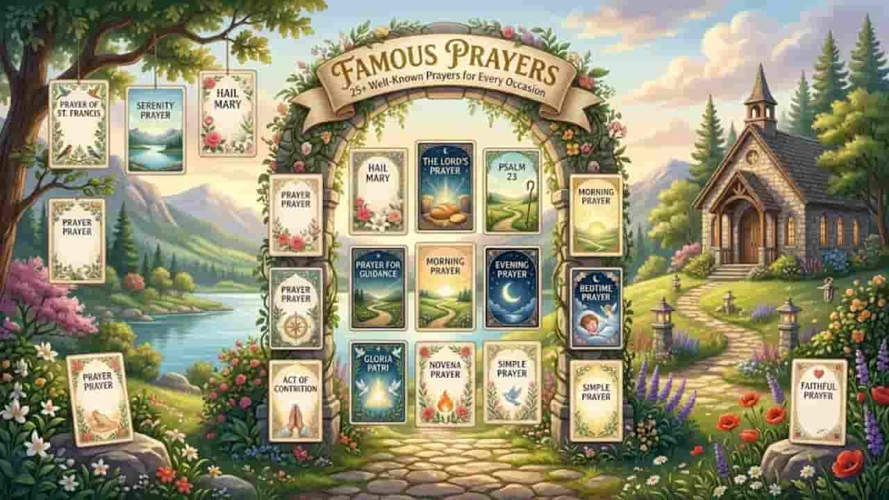 An illustration titled "Famous Prayers: 25+ Well-Known Prayers for Every Occasion" set in a peaceful garden with a stone archway, a small church, and cards featuring various prayers.