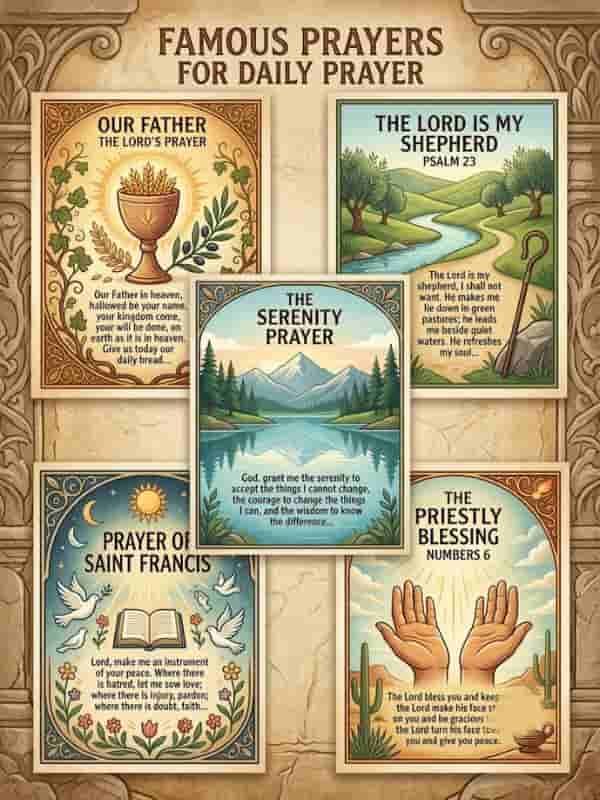An illustrated collection of cards featuring famous prayers for daily prayer, including "Our Father," "The Lord Is My Shepherd," "The Serenity Prayer," "Prayer of Saint Francis," and "The Priestly Blessing". Each card is decorated with thematic artwork such as a chalice, peaceful landscapes, doves, and open hands set against a stone background.