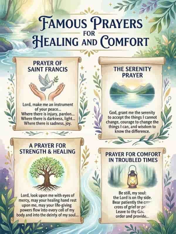 An infographic titled "Famous Prayers for Healing and Comfort" featuring four parchment scrolls with spiritual prayers and decorative nature artwork.
