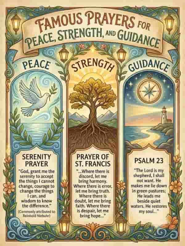 An illustrated poster titled "Famous Prayers for Peace, Strength, and Guidance," featuring three decorative arched panels with symbolic imagery and text excerpts. The left panel for peace shows a white dove with an olive branch over calm water; the middle panel for strength depicts a sturdy tree with deep roots against a rising sun; and the right panel for guidance features a compass, a lighthouse on a coastline, and a starry sky.
