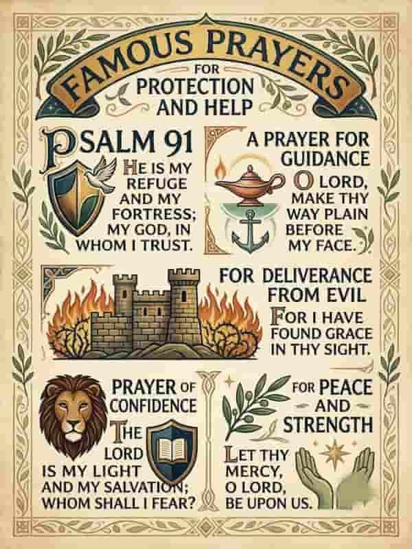 A vintage-style illuminated poster displaying traditional religious verses and prayers for protection, guidance, and deliverance. The artwork features decorative borders and symbolic icons, including a heraldic shield with a dove, an antique oil lamp, a burning stone fortress, a lion, and an olive branch with reaching hands.