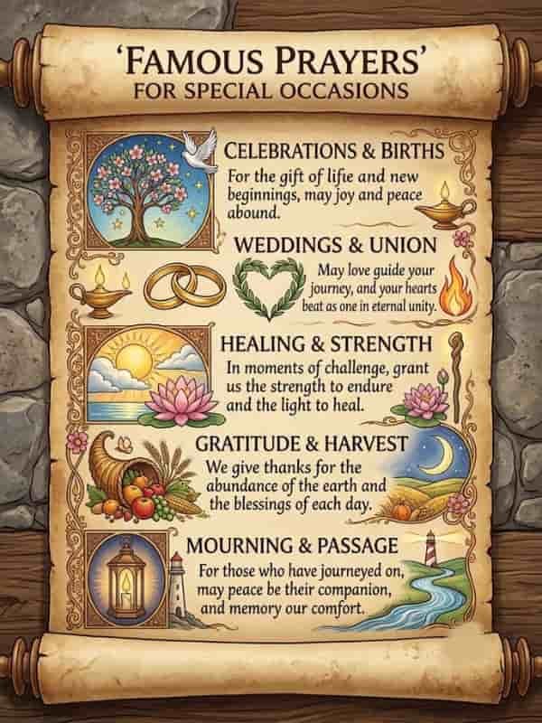 An illuminated scroll illustration displaying "Famous Prayers for Special Occasions" with five distinct sections featured alongside symbolic artwork like trees, rings, sunrises, cornucopias, and lighthouses.