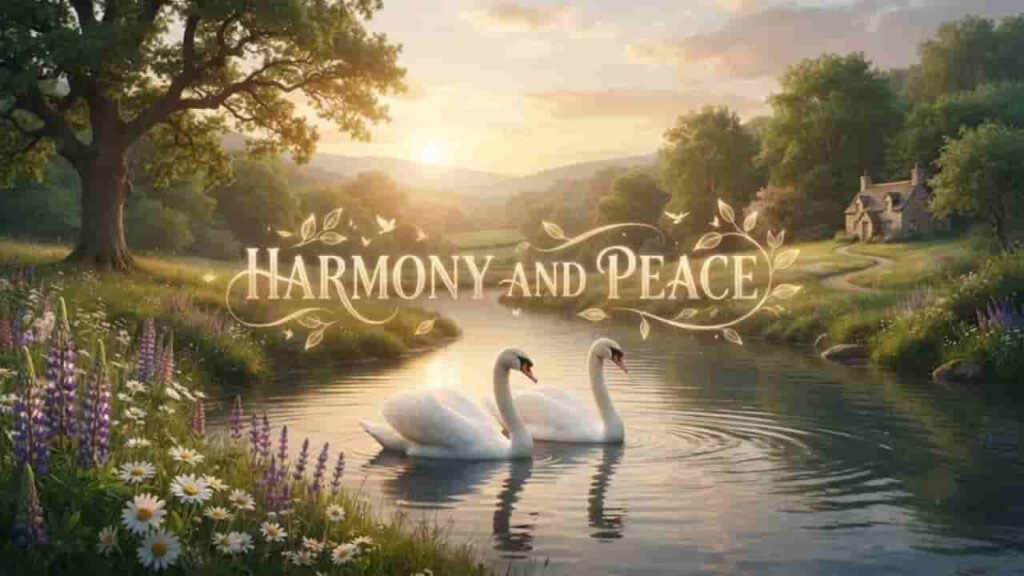 A 16:9 scenic landscape featuring a tranquil river flowing through a lush green valley at sunrise, with two white swans swimming side by side in the water. In the foreground, vibrant wildflowers like daisies and purple lupines bloom along the grassy riverbank. In the background, a peaceful country cottage sits under a golden morning sky with rolling hills, and elegant golden decorative typography in the center reads "Harmony and Peace" framed by delicate leaf flourishes.