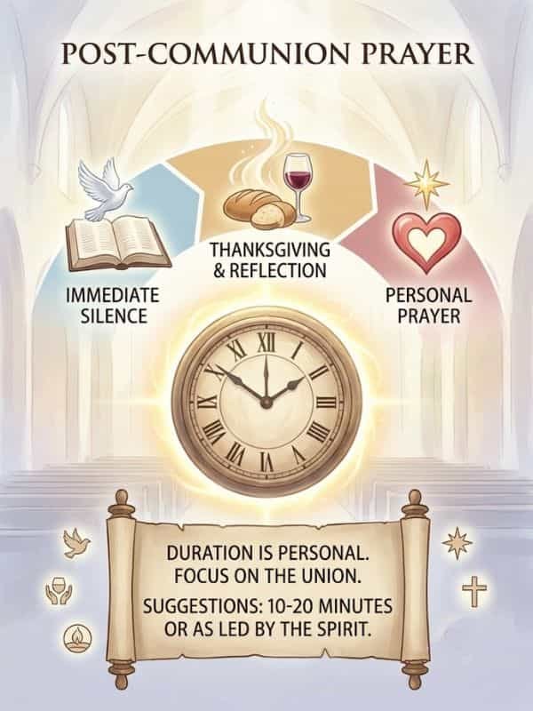 An infographic detailing post-Communion prayer with a central clock, surrounding icons, and guidance on duration and reflection.