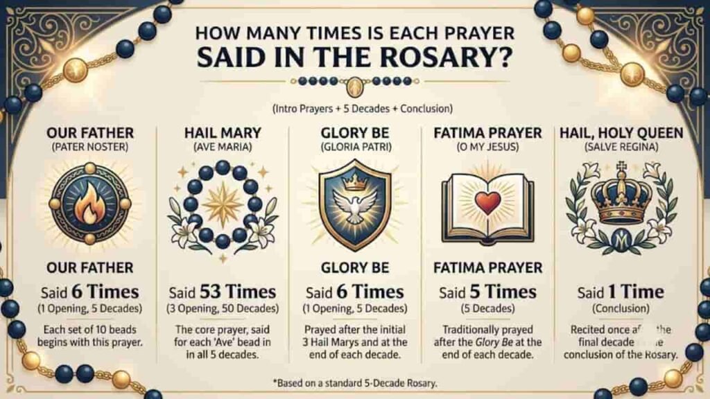 Infographic showing how many times each prayer is said in a standard 5-decade Rosary: Hail Mary (53 times), Our Father (6 times), Glory Be (6 times), Fatima Prayer (5 times), and Hail Holy Queen (1 time).