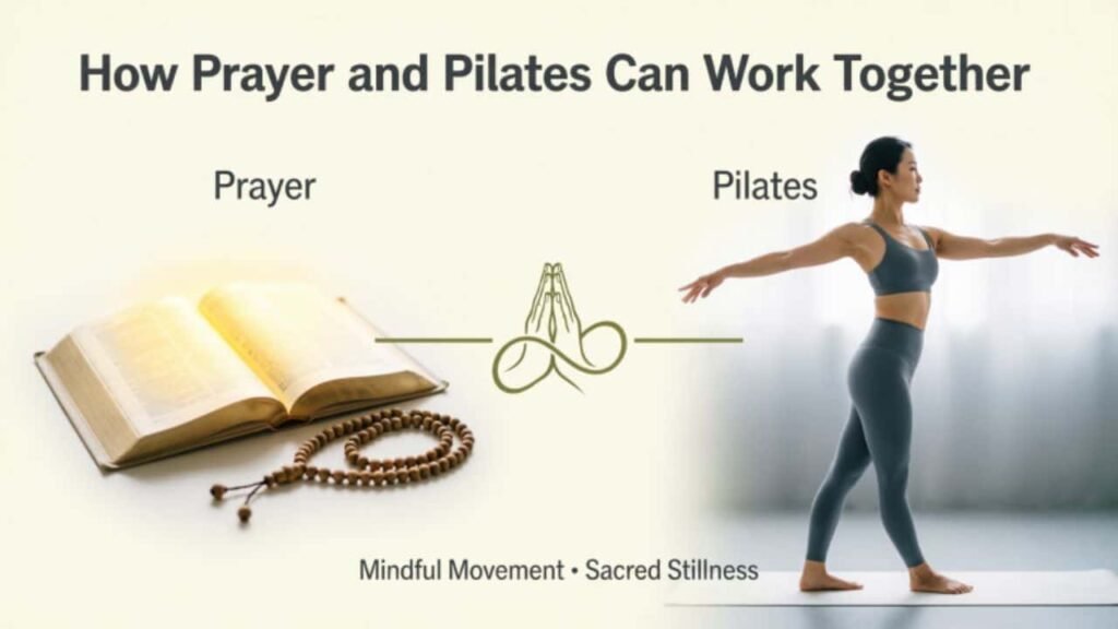 Infographic titled 'How Prayer and Pilates Can Work Together' featuring an open Bible and rosary beads labeled 'Prayer' alongside a woman in a Pilates pose labeled 'Pilates.' The two sides are connected by a logo of praying hands forming an infinity symbol, with the tagline 'Mindful Movement • Sacred Stillness' at the bottom.