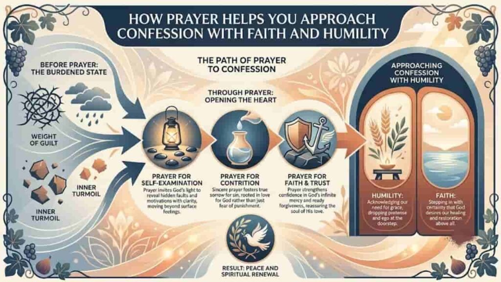 An infographic diagram titled "How Prayer Helps You Approach Confession With Faith and Humility," illustrating the spiritual path from a burdened state to peace and renewal through self-examination, contrition, and trust.