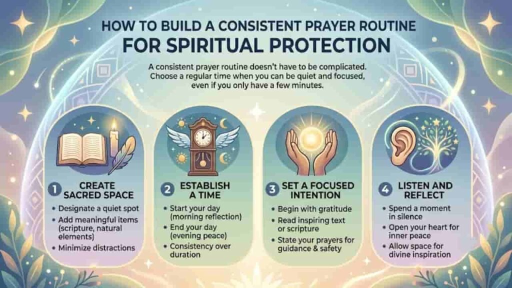 Infographic on building a consistent prayer routine for spiritual protection, featuring steps like creating a sacred space, setting a time, stating intentions, and practicing reflective listening.