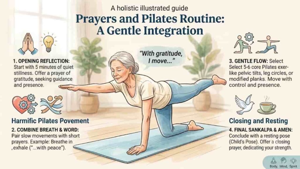 An illustrated guide to creating a Prayers and Pilates routine, detailing steps for opening reflection, breathwork, movement, and closing rest.