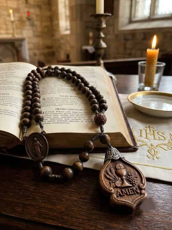 Traditional wooden rosary beads resting on an open prayer book next to a lit candle in a church set for the concluding prayers of the Rosary.