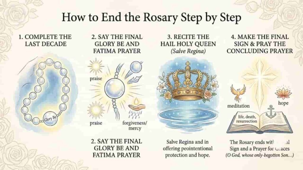 An illustrated step-by-step guide on how to end the Rosary, featuring four sequential panels with watercolor-style icons representing each prayer step.