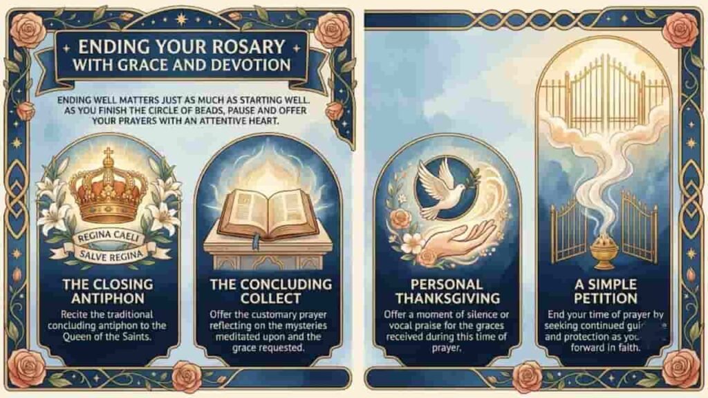 An illustrated guide in a classic art style with four panels detailing steps for "Ending Your Rosary With Grace and Devotion," featuring a crown, open Bible, dove, and heavenly gates amidst floral borders.