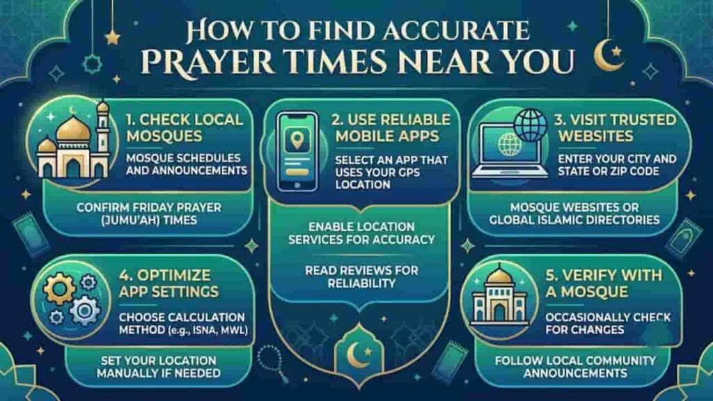 An infographic titled "How to Find Accurate Prayer Times Near You" featuring five steps: checking local mosque schedules, using mobile apps with GPS, visiting trusted Islamic websites, optimizing app calculation settings, and verifying times directly with a local mosque.