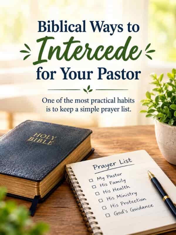 Biblical Ways to Intercede for Your Pastor with a Bible, prayer list notebook, and pen on a peaceful wooden table.