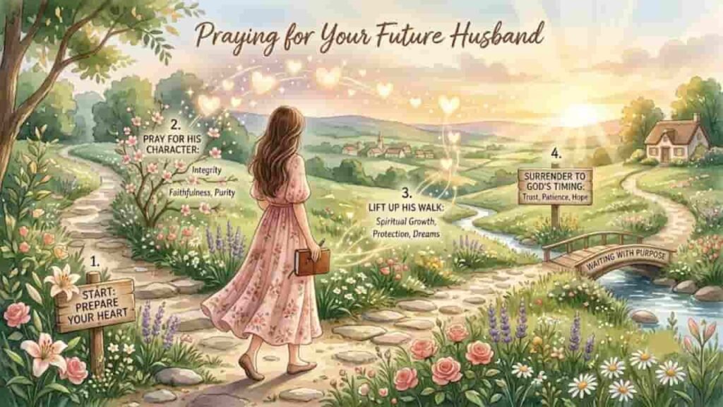 Praying for Your Future Husband roadmap illustration showing a woman walking along a scenic path with steps for heart preparation, praying for character, spiritual growth, and God's timing.
