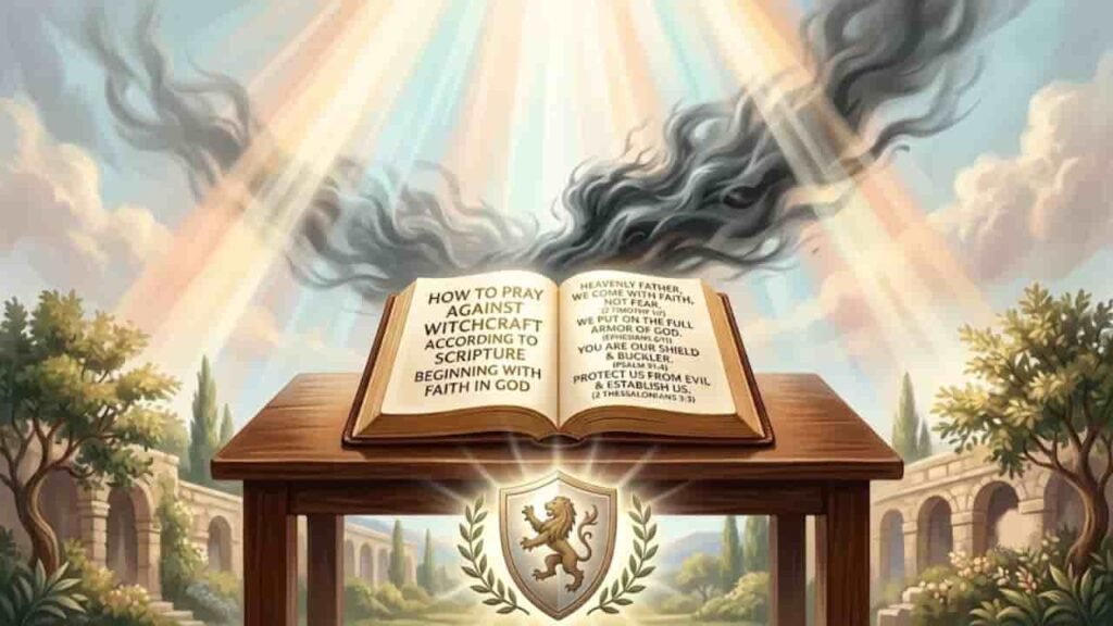 Open bible displaying "How to Pray Against Witchcraft According to Scripture" and verses like "Put on the Full Armor of God" and "Shield & Buckler."