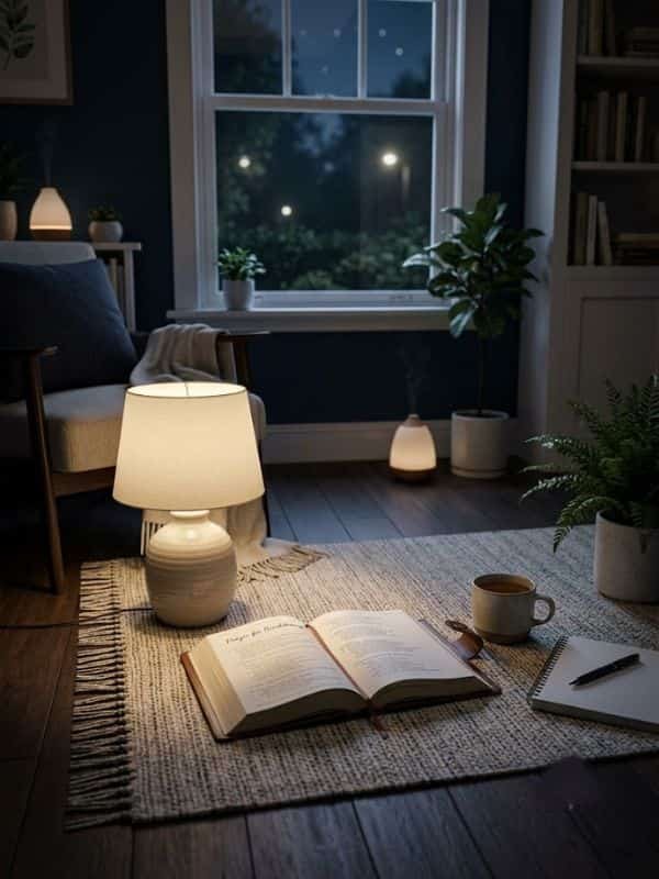 A cozy, dimly lit prayer space at night with an open Bible, notebook, pen, and mug resting on a woven rug illuminated by a glowing table lamp.