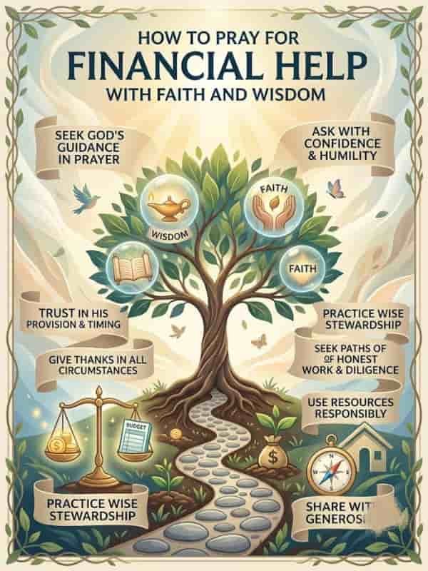 An inspirational vintage-style infographic poster titled 'How to Pray for Financial Help With Faith and Wisdom.' A central tree of life features golden orbs containing a lamp (Wisdom), open hands, a bible (Faith), and various scrolls. The scrolls are labeled with spiritual and practical advice like 'Trust in His Provision & Timing,' 'Seek Paths of Honest Work & Diligence,' 'Give Thanks in All Circumstances,' and 'Practice Wise Stewardship.' A stone path leads through a landscape toward a house and money bag, with illustrations of a compass and balanced scales, promoting a holistic approach to seeking financial guidance.
