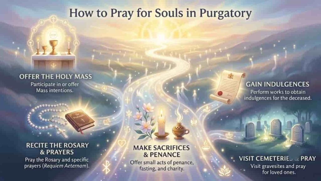An infographic detailing how to pray for souls in purgatory with a glowing pathway leading to light surrounded by sacred items including a chalice, rosary, prayer book, candle, incense, papal scroll, and cemetery tombstones.