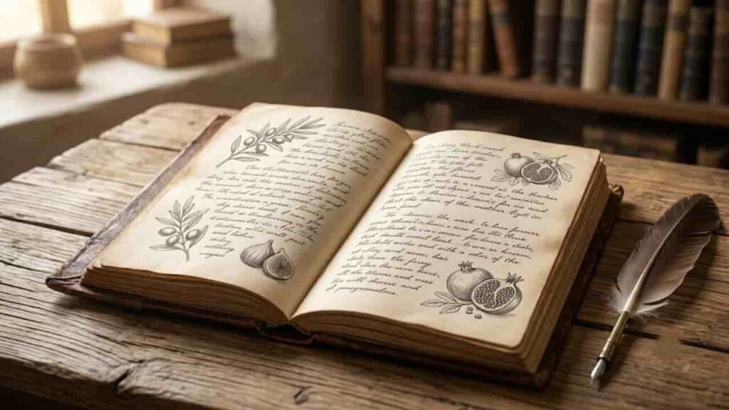 Open Bible and handwritten prayer journal on a wooden desk with a lit candle and cup of tea.