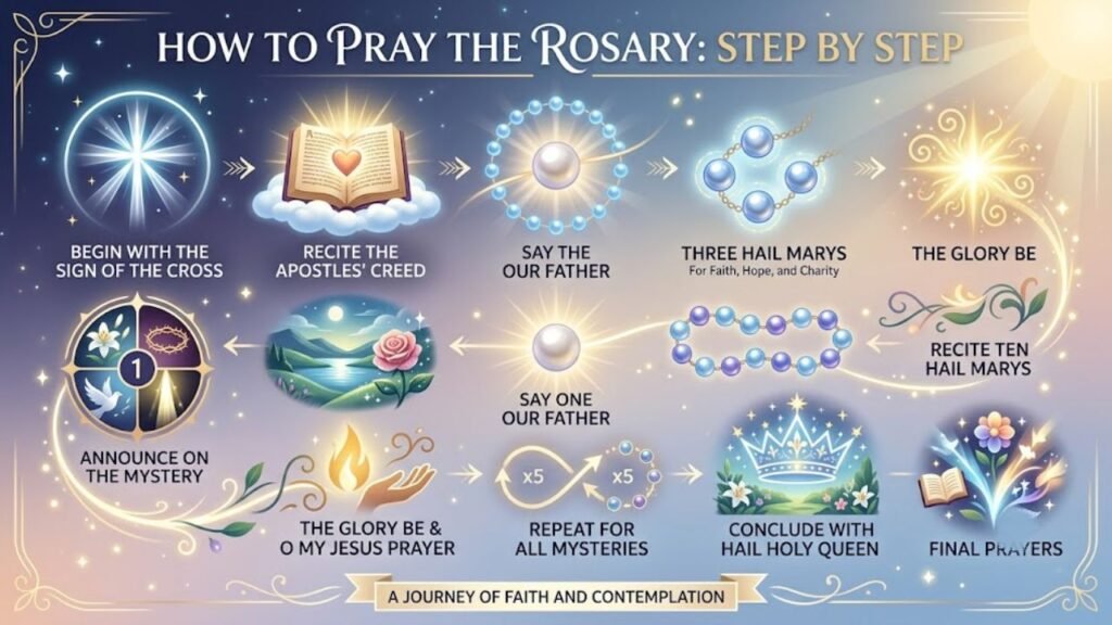 Step-by-step visual infographic guide on how to pray the Catholic Rosary with prayer bead symbols, book icons, and light elements on a starry background.