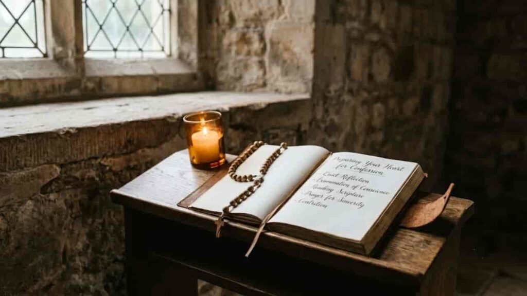 Open prayer journal with a rosary and candle on a wooden table for confession preparation.
