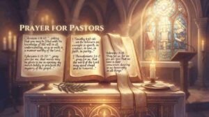 A warm, golden-lit church interior featuring an open Bible resting on a communion table. The pages display scripture verses alongside the heading 'Prayer for Pastors'. The background includes a lit candle, an olive branch, and a stained glass window with light streaming through "Intercessory Prayer for Pastors".