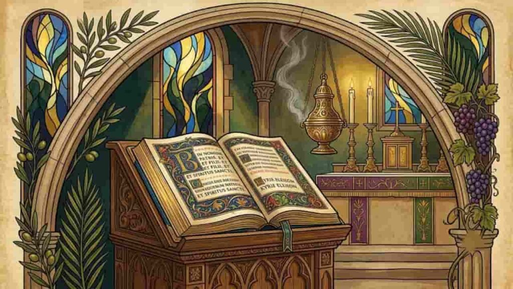 An open liturgical book on an ornate wooden lectern inside a cathedral featuring stained-glass windows, burning altar candles, an incense burner, and decorative foliage.