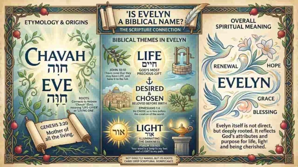 Infographic exploring the biblical connection and spiritual meaning of the name Evelyn, highlighting roots like Eve, Life, Light, and Grace alongside Scripture references Genesis 3:20, John 10:10, and Psalm 119:105.