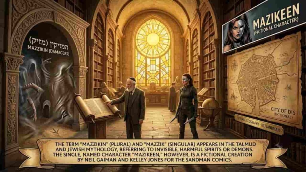An infographic illustration set in an ancient library comparing the Jewish mythological concept of Mazzikin (invisible harmful spirits) with the fictional DC Comics character Mazikeen from The Sandman.