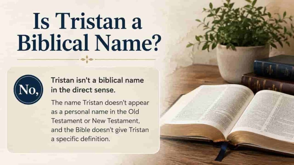 Is Tristan a Biblical Name? infographic explaining that Tristan is not a biblical name, does not appear as a personal name in the Old or New Testament, and has no specific definition in the Bible, with an open Bible in the background.