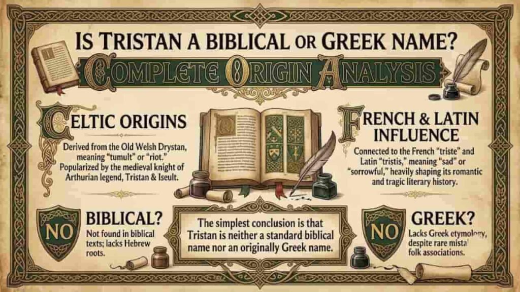 Infographic analyzing the origin of the name Tristan, clarifying that it is neither Biblical nor Greek, but Celtic and Old French, derived from Old Welsh Drystan and medieval Arthurian legends.