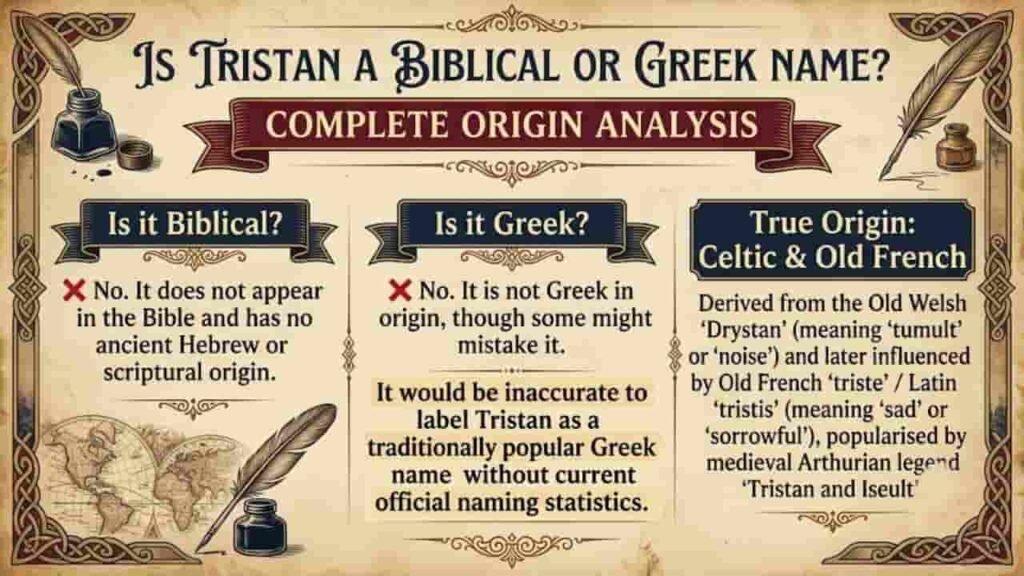 Visual analysis graphic explaining the origins of the name Tristan, highlighting its Celtic and French roots.