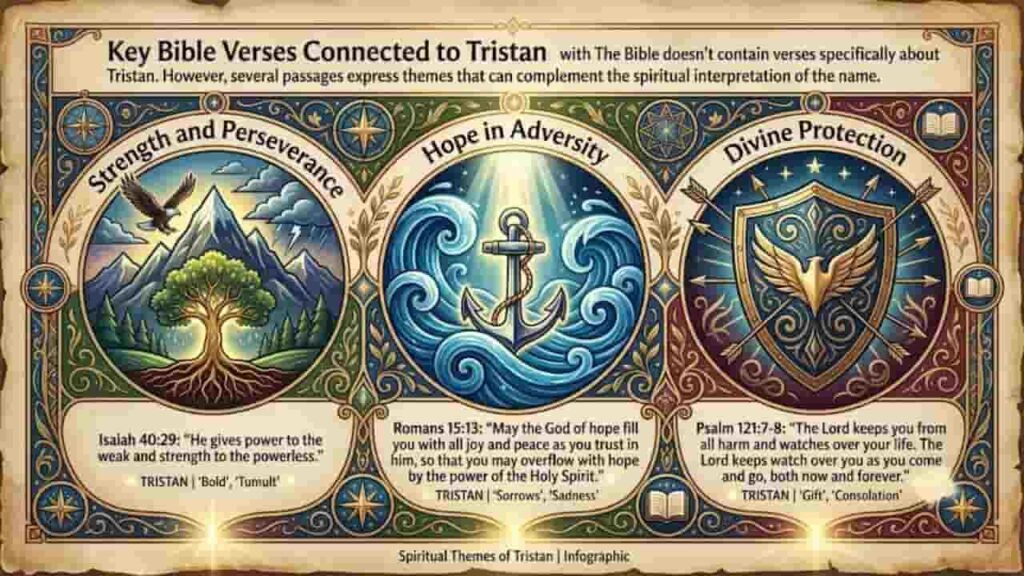 Infographic titled 'Key Bible Verses Connected to Tristan' displaying three spiritual themes on aged parchment with intricate blue and gold ornamental borders. The left section, 'Strength and Perseverance,' features a majestic mountain, eagle, and deeply rooted tree, paired with Isaiah 40:29. The center section, 'Hope in Adversity,' shows a anchor surrounded by swirling ocean waves, paired with Romans 15:13. The right section, 'Divine Protection,' features a golden winged shield and arrows, paired with Psalm 121:7-8.