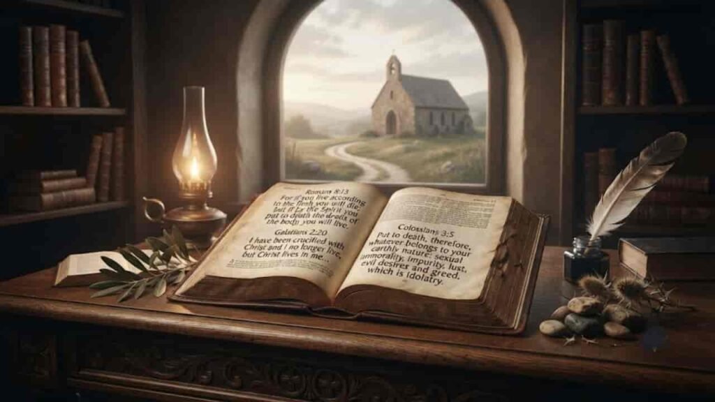 An open antique book with legible scripture text lies on a wooden desk inside a library, alongside an oil lamp, an inkwell with a feather quill, and an olive branch, with a view of a stone chapel through a bright arched window.