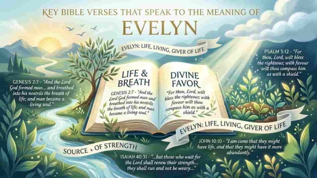 Key Bible Verses for the Meaning of Evelyn featuring an open Bible surrounded by nature, a river, and sunrise