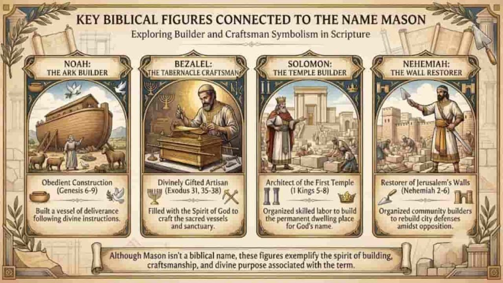 An educational 16:9 infographic titled "Key Biblical Figures Connected to the Name Mason: Exploring Builder and Craftsmanship Symbolism in Scripture". The layout features four detailed vertical panels representing biblical figures:
