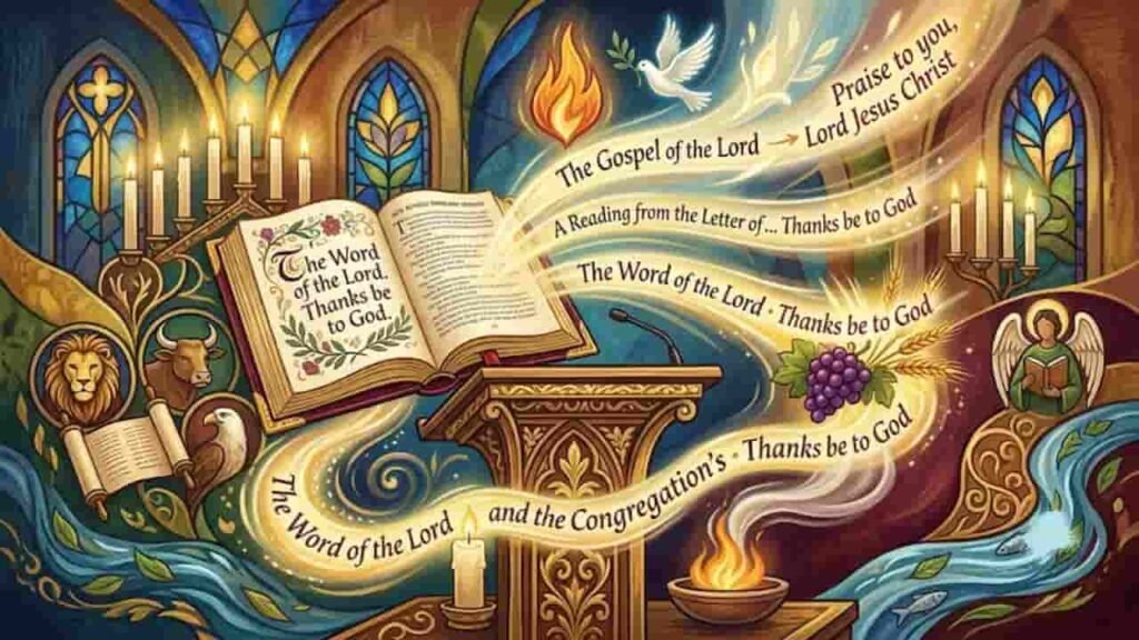 Stained glass-style artwork depicting the Liturgy of the Word, featuring an open lectern Bible, glowing candles, sacred symbols, and key prayer responses flowing on ribbons of light.