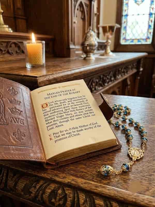 An open leather prayer book with the "Marian Prayer at the End of the Rosary" resting on a wooden table alongside ornate blue and gold rosary beads.