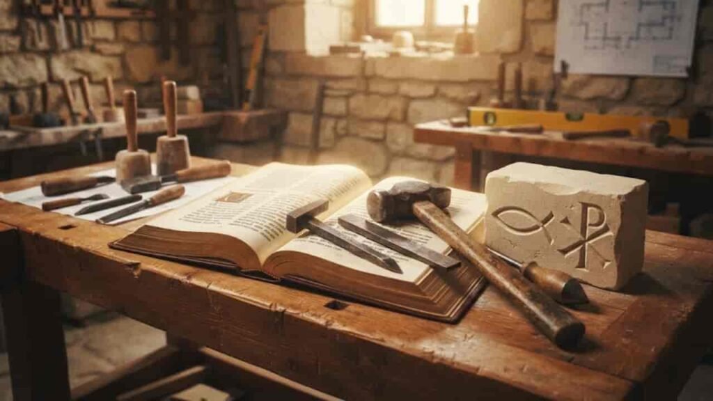 Ek purane lakdi ke workbench par khuli hui Gospel ki kitab rakhi hai, jiske paas stonemason ke hatode, chheni aur ek patthar par Ichthus (machhli) aur Chi-Rho symbol ukehre hue hain.