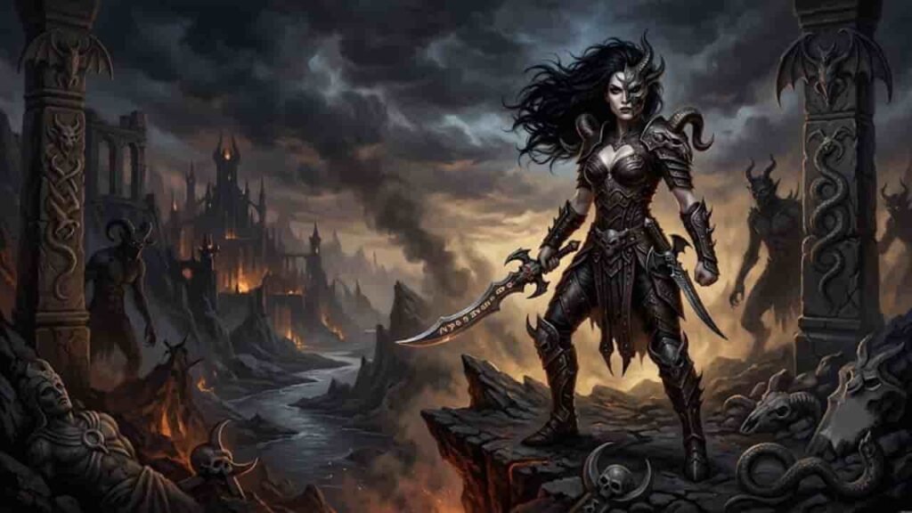 A dark fantasy digital illustration depicting Mazikeen, a fierce demonic warrior woman with long black hair, a half-split bone mask, and ornate dark armor, standing on a rocky precipice. She holds a glowing runesword in a desolate underworld landscape with dark castles, fiery rivers, shadows, and carved stone pillars.
