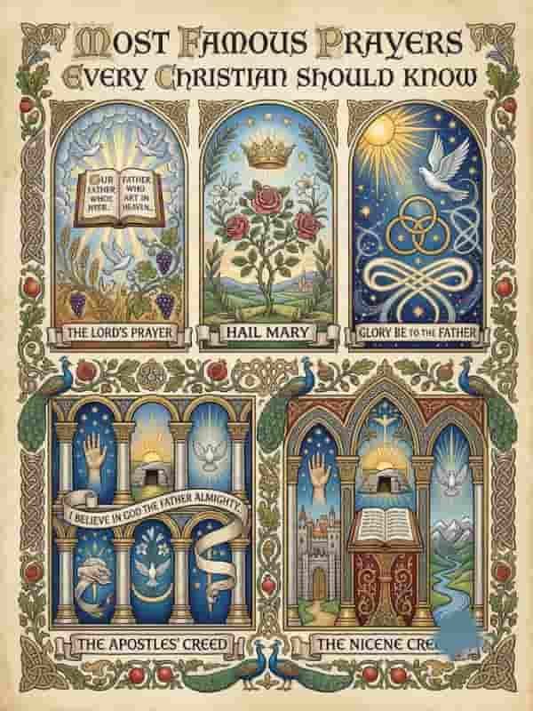 An illuminated poster titled "Most Famous Prayers Every Christian Should Know" featuring five ornate panels depicting The Lord's Prayer, Hail Mary, Glory Be to the Father, The Apostles' Creed, and The Nicene Creed. The artwork uses intricate Celtic knotwork, doves, open books, crowns, roses, and symbolic motifs.